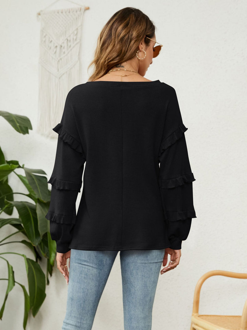 Kara Ruffle Trim V-Neck Long Sleeve T-Shirt