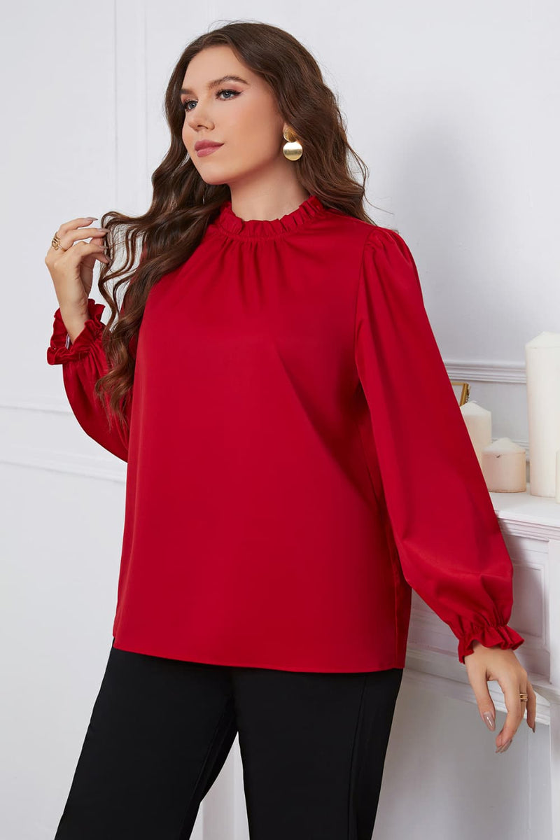 Kyra Plus Size Frill Trim Flounce Sleeve Round Neck Blouse