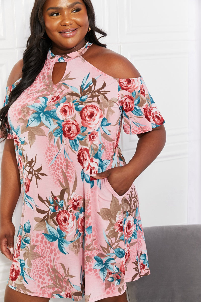 Serenity Full Size Fresh-Cut Flowers Cold-Shoulder Dress