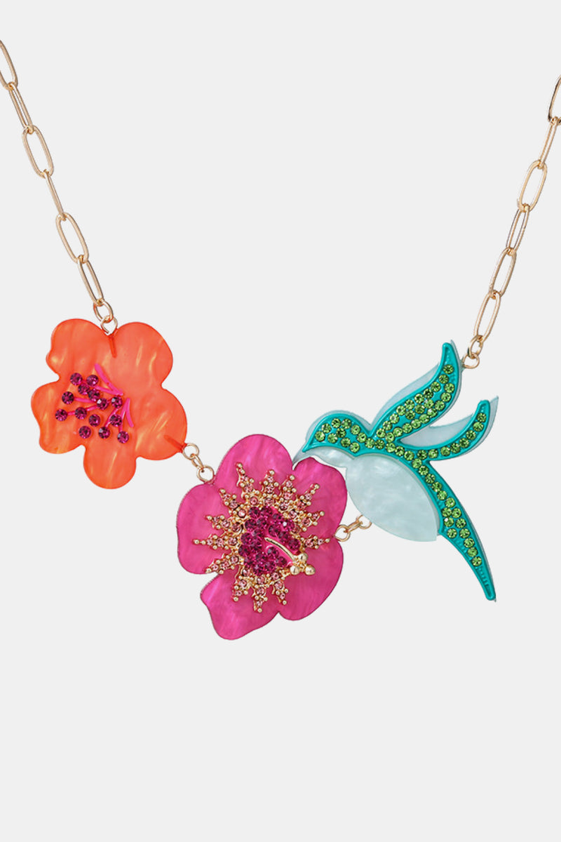 Angelina Flower & Bird Rhinestone Decor Necklace