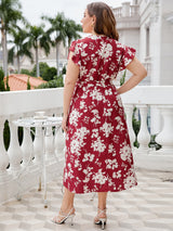 Michaela Plus Size Floral Tie Waist Surplice Neck Midi Dress