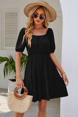 Judith Ruched Square Neck Puff Sleeve Mini Dress