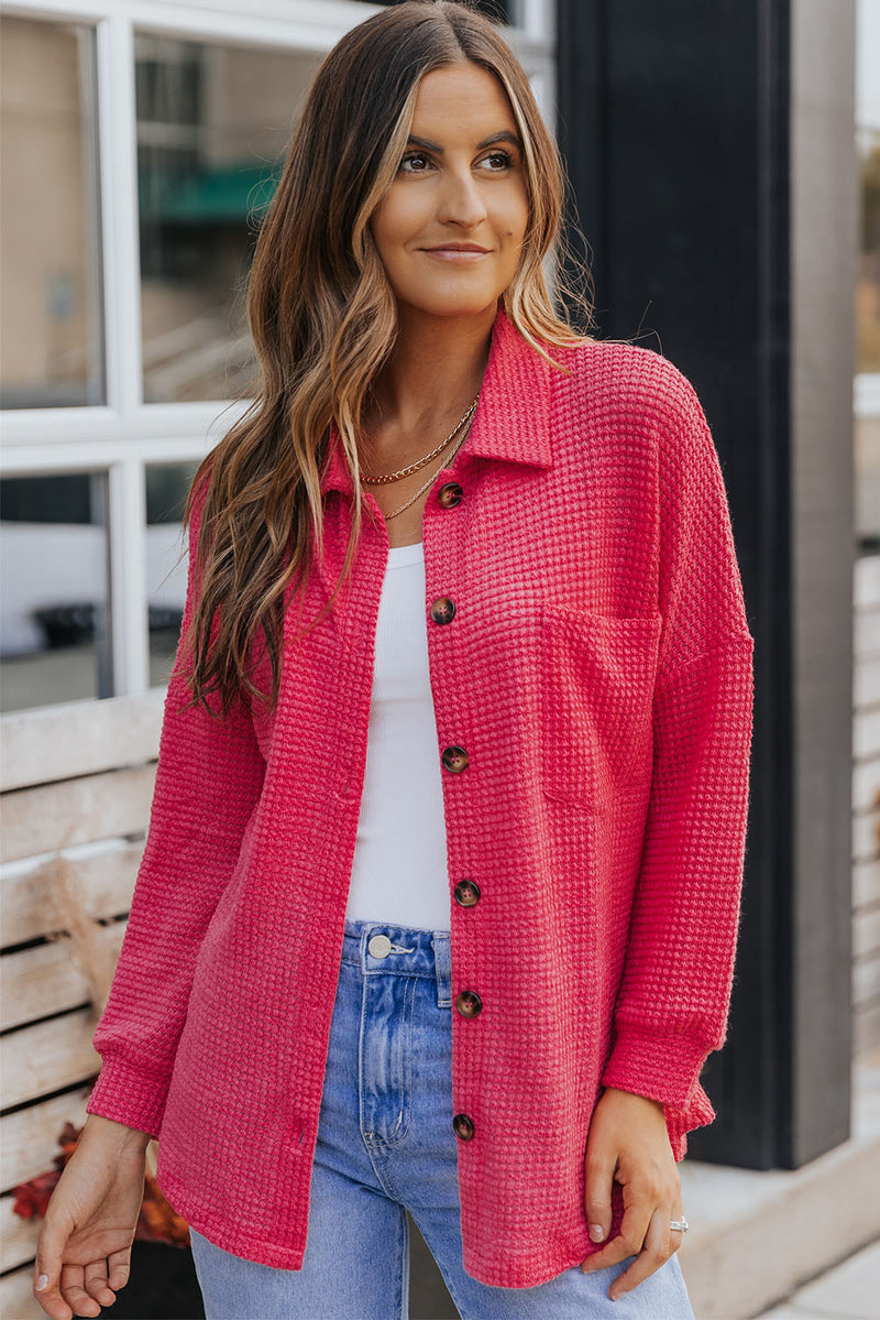 Saige Waffle-Knit Collared Neck Dropped Shoulder Shirt