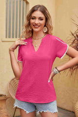 Clementine Contrast Trim Pom-Pom Detail Notched Neck Blouse
