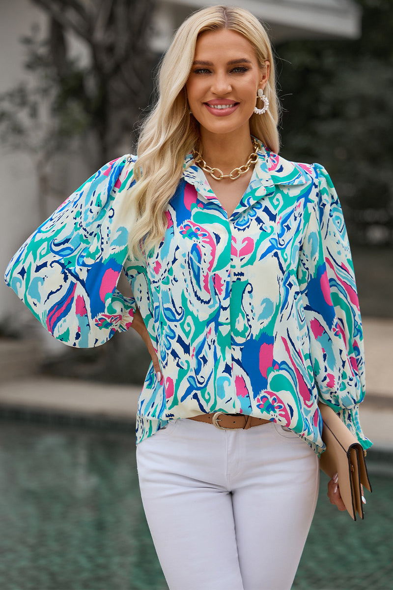 Khalani Printed Puff Sleeve Collared Blouse