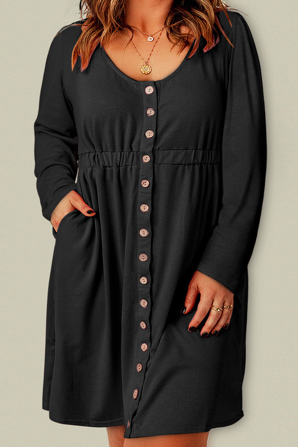 Darcy Plus Size Button Front Elastic Waist Long Sleeve Dress