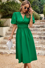 Xyla Puff Sleeve Smocked Waist Midi Dress