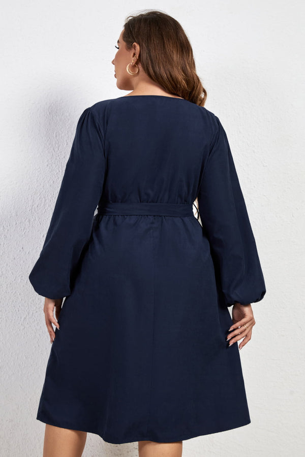 Angelica Plus Size Buttoned Tie Belt Round Neck Long Sleeve Dress