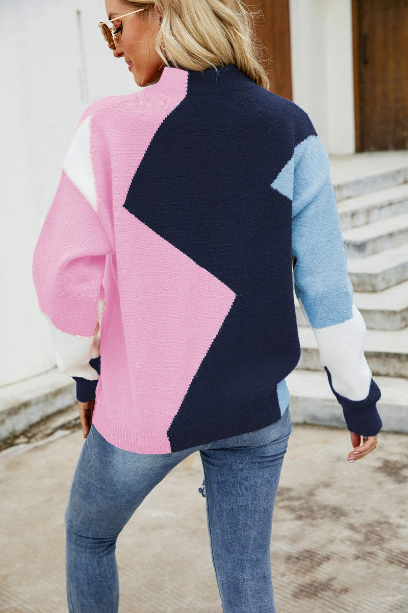 Amari Color Block Mock Neck Ribbed Trim Sweater