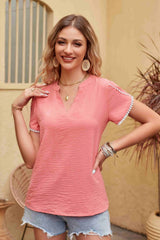 Clementine Contrast Trim Pom-Pom Detail Notched Neck Blouse