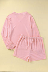 Laurene Notched Neck Swissdot Dropped Shoulder Top and Tie Waist Shorts Set