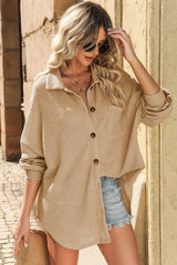 Saige Waffle-Knit Collared Neck Dropped Shoulder Shirt