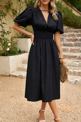 Xyla Puff Sleeve Smocked Waist Midi Dress