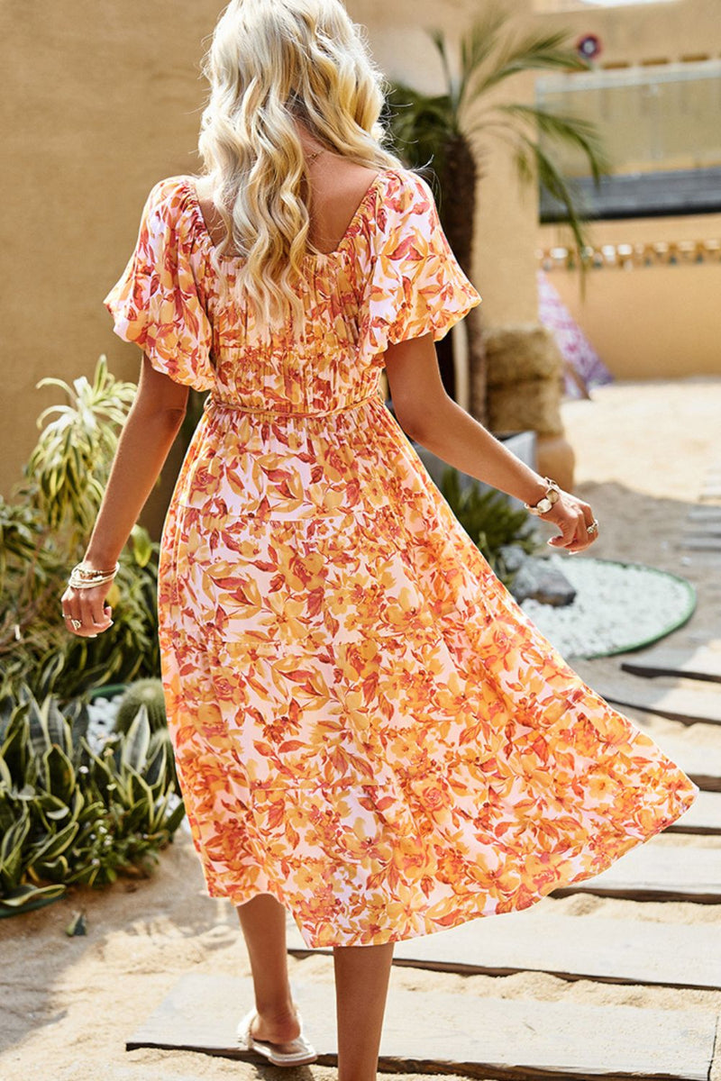 Maeve Floral Square Neck Tiered Midi Dress