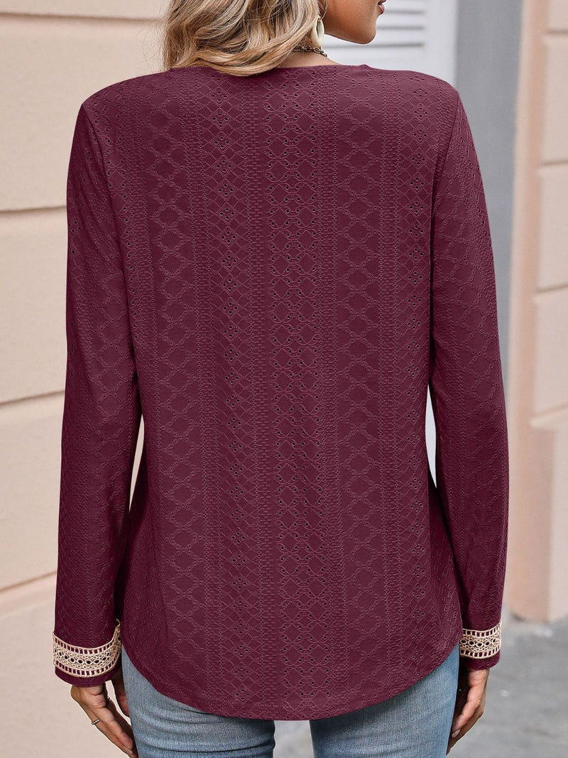 Shiloh V-Neck Eyelet Long Sleeve Top