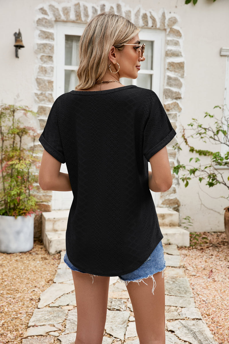 Nala Full Size Round Neck Eyelet Short Sleeve Top