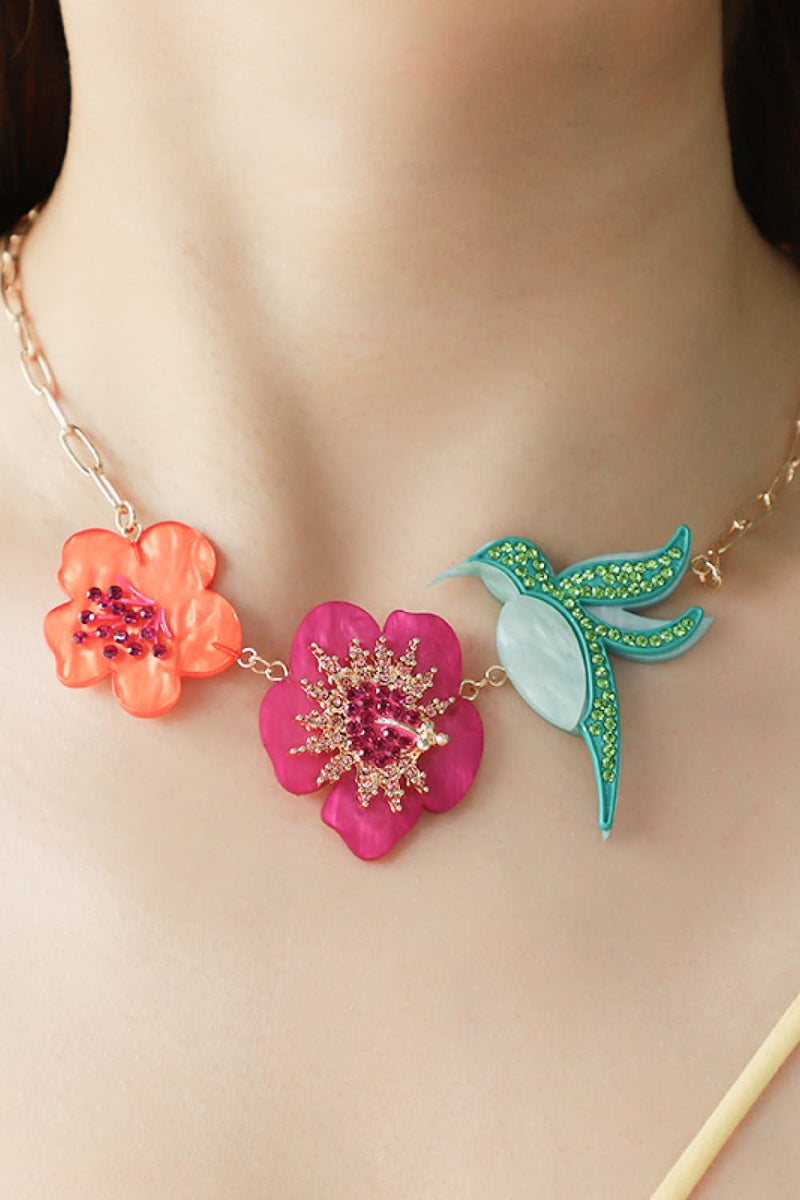 Angelina Flower & Bird Rhinestone Decor Necklace