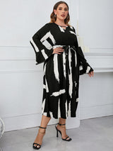 Aleah Plus Size Printed Tie Belt Flare Sleeve Round Neck Midi Dress