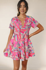 Nellie Multicolored Tie Neck Short Sleeve Tiered Dress