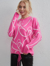 Divine Heart Pattern Drawstring Hem Sweater