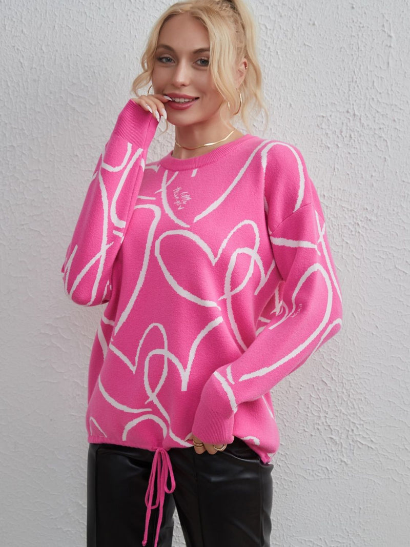 Divine Heart Pattern Drawstring Hem Sweater
