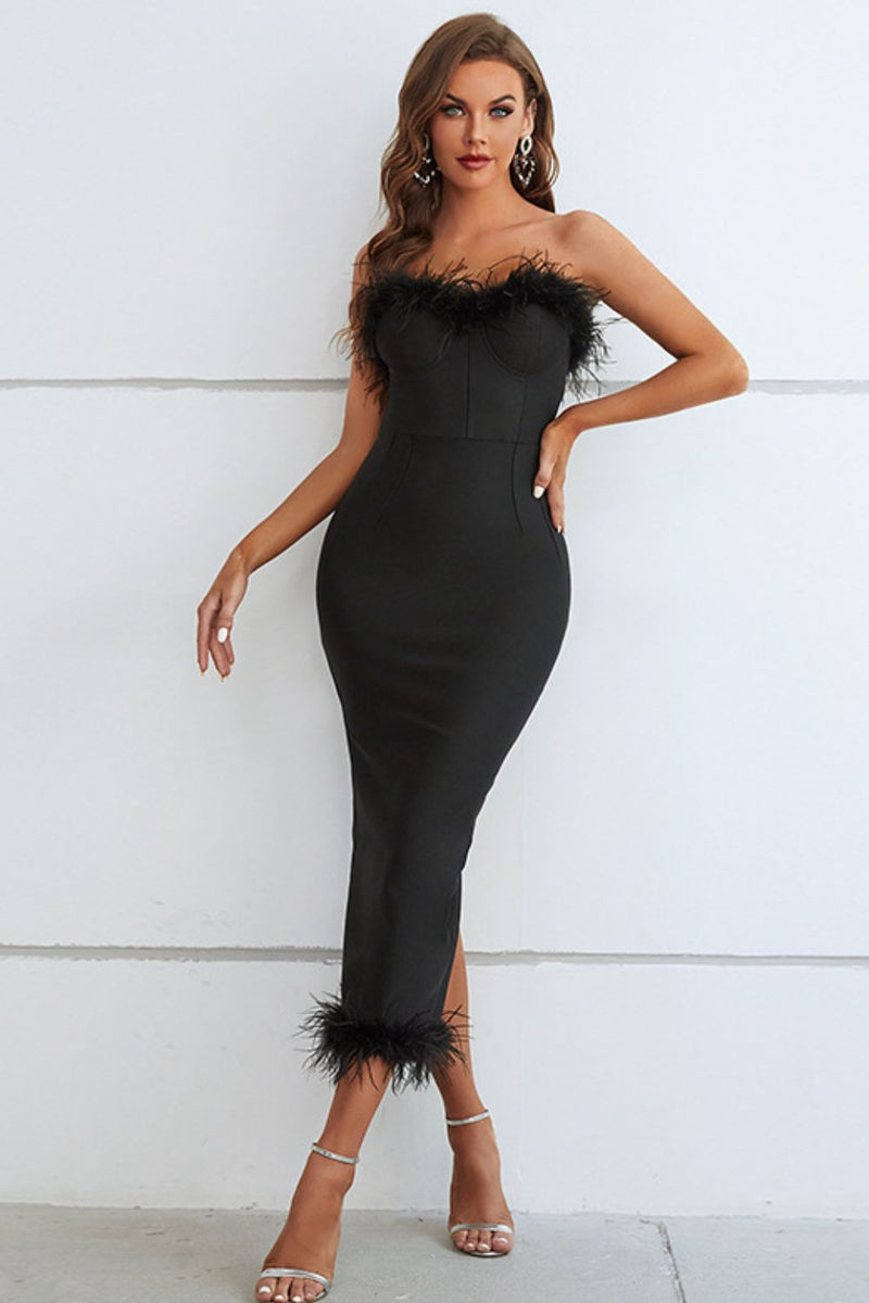 Daphne Feather Trim Strapless Sweetheart Neck Dress