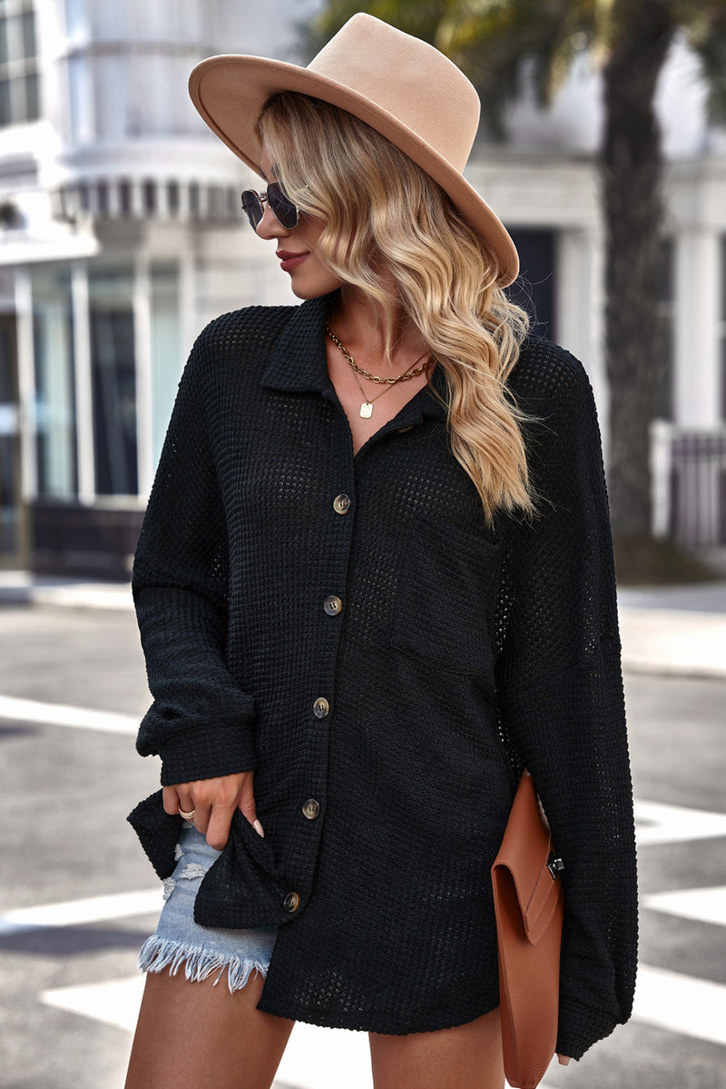 Saige Waffle-Knit Collared Neck Dropped Shoulder Shirt