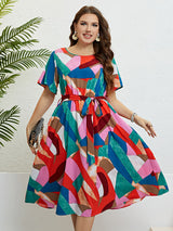 Mara Plus Size Printed Round Neck Tie Belt Dress