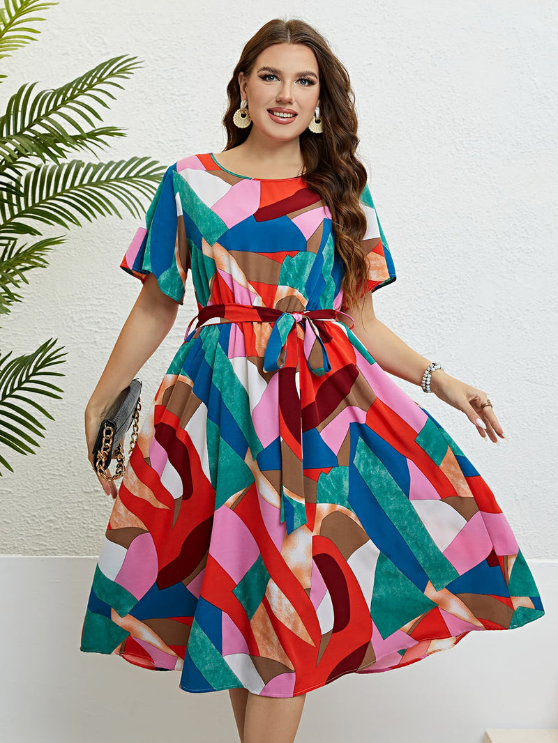 Mara Plus Size Printed Round Neck Tie Belt Dress
