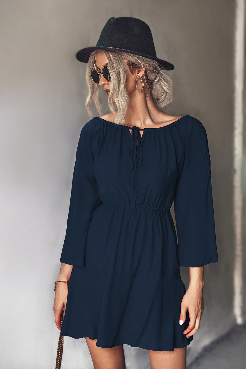 Irene Tie Neck Flare Sleeve Mini Dress