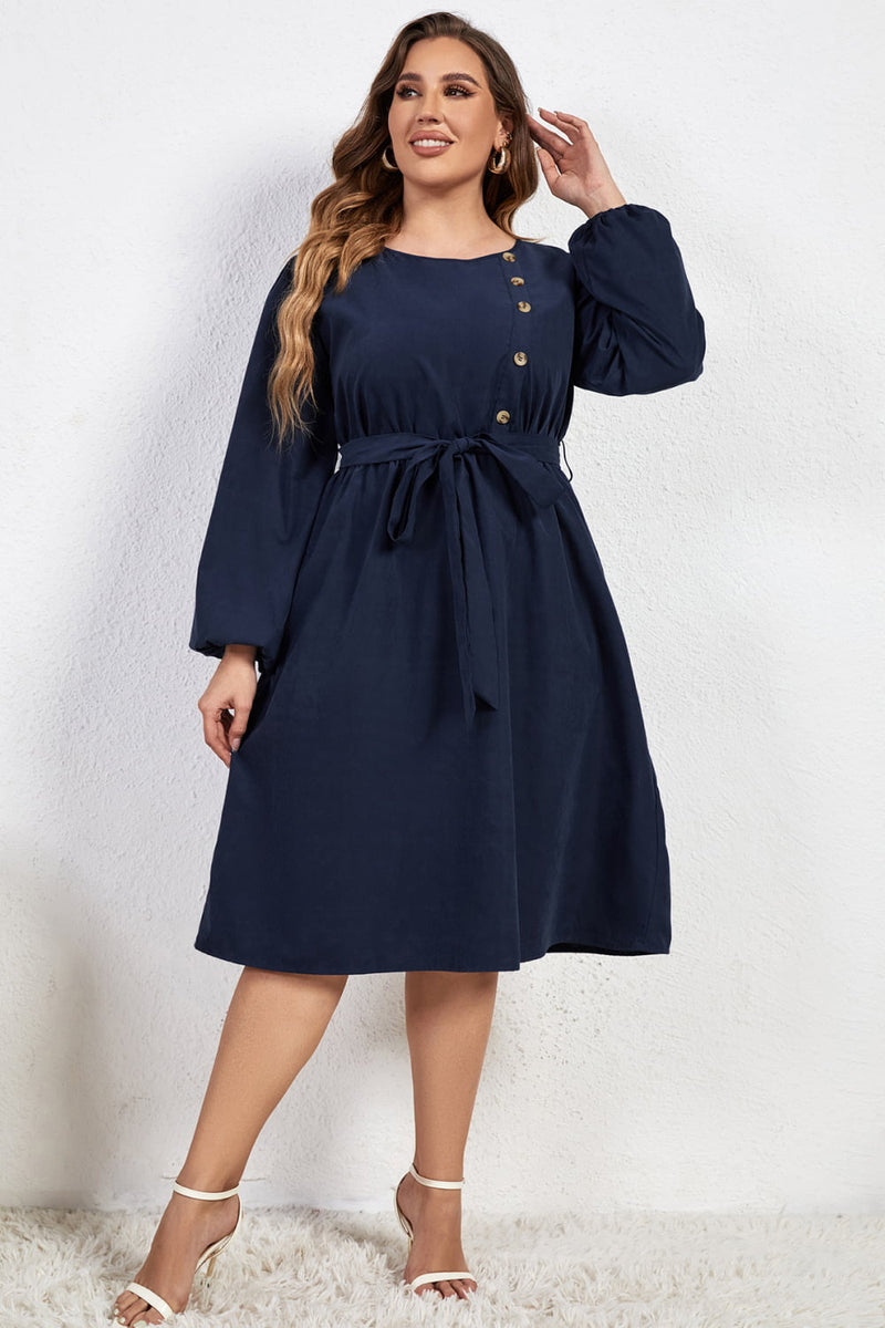 Angelica Plus Size Buttoned Tie Belt Round Neck Long Sleeve Dress