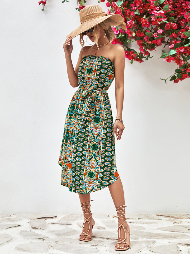 Tiana Printed Strapless Tie Belt Dress