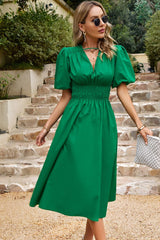 Xyla Puff Sleeve Smocked Waist Midi Dress