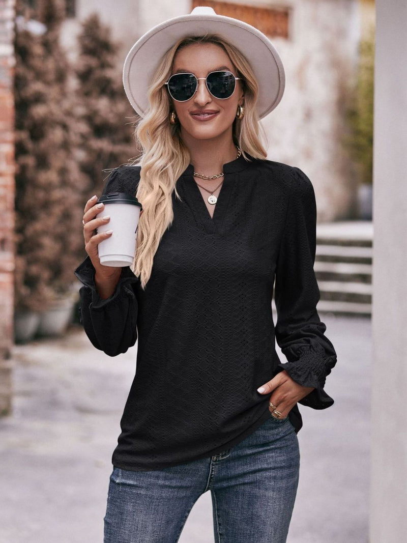 Sylvie Notched Neck Flounce Sleeve Blouse