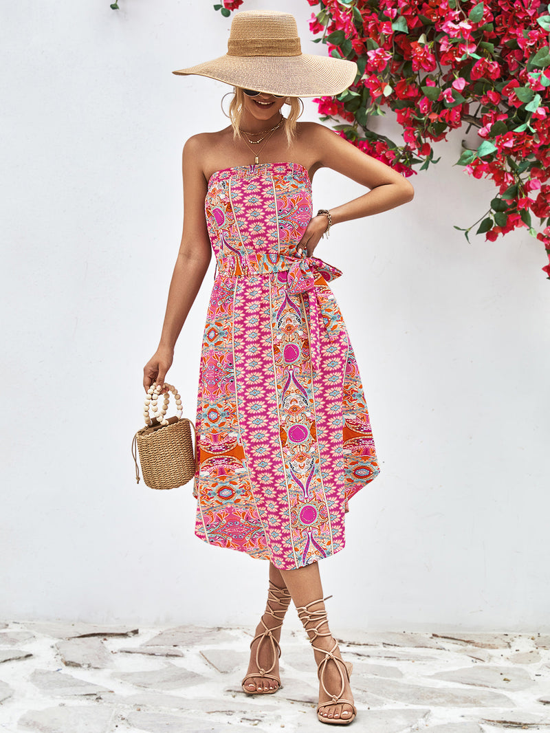 Tiana Printed Strapless Tie Belt Dress