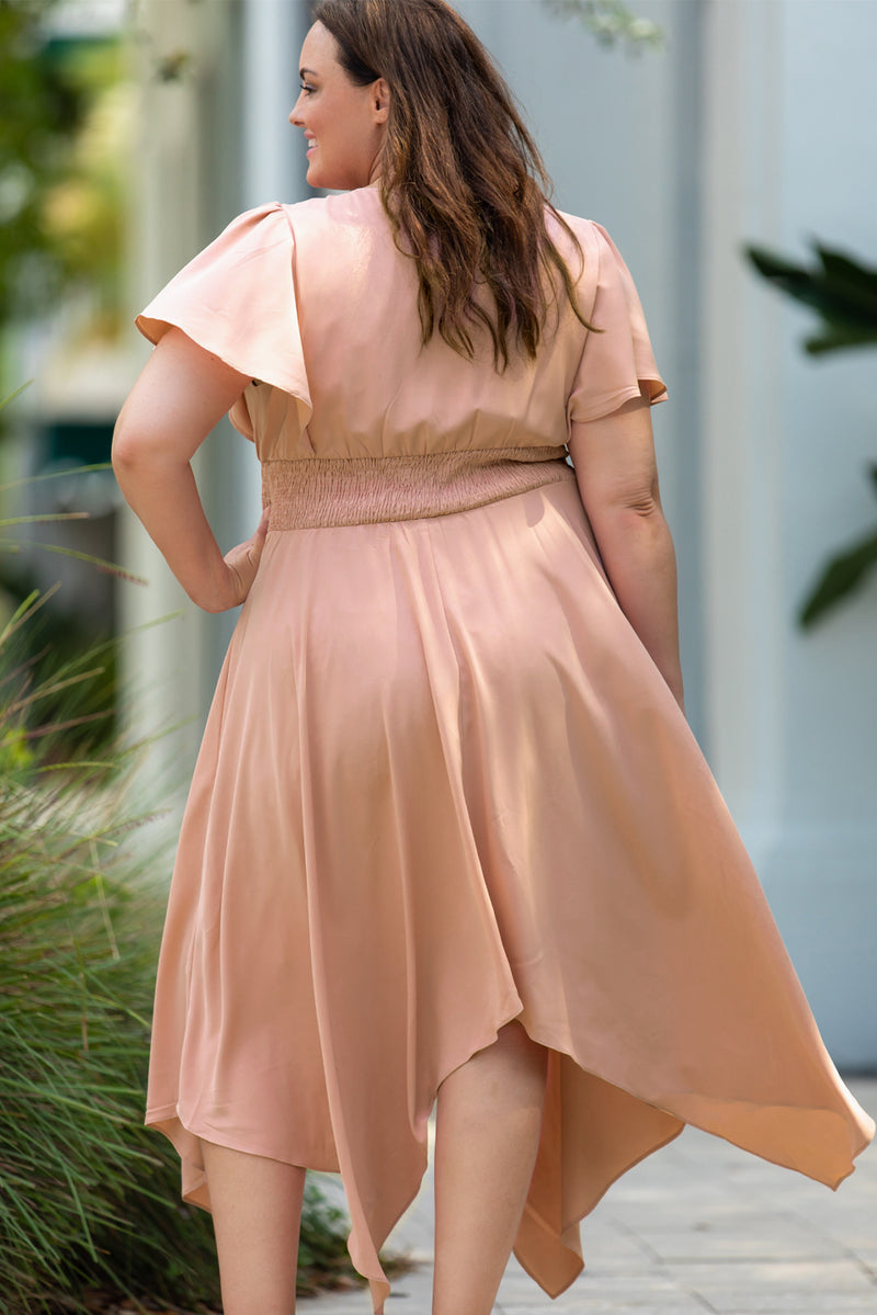 Leslie Plus Size Wide Waistband Surplice Neck Flutter Sleeve Midi Dress