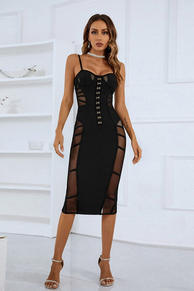 Pixie Spaghetti Strap Spliced Mesh Slit Back Dress