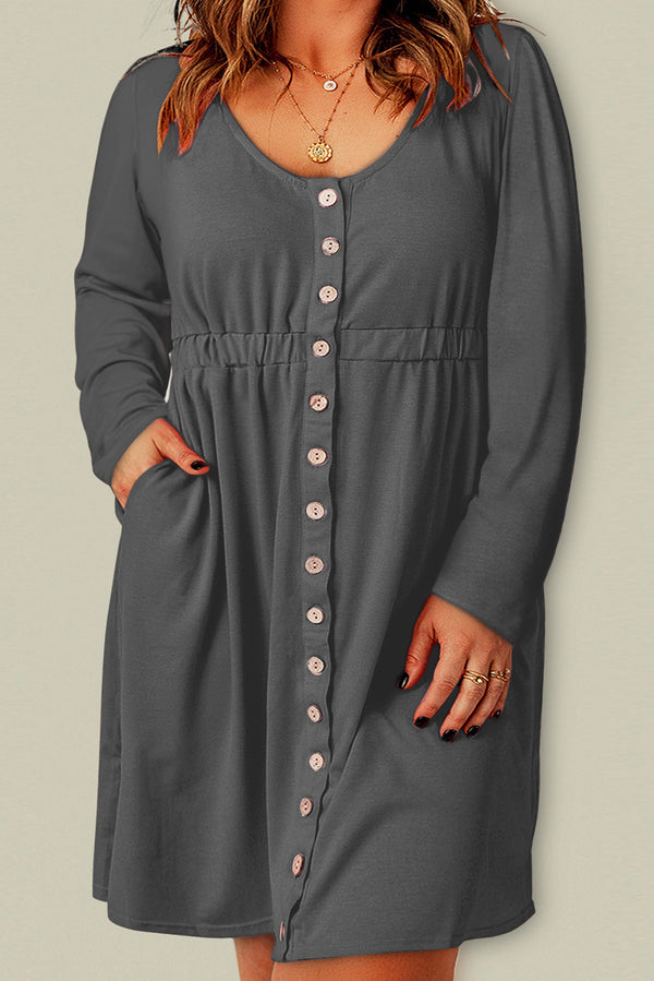 Darcy Plus Size Button Front Elastic Waist Long Sleeve Dress