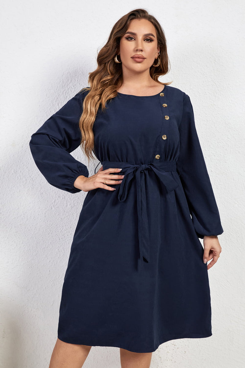 Angelica Plus Size Buttoned Tie Belt Round Neck Long Sleeve Dress