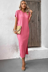 Amelie Round Neck Short Sleeve Side Slit Midi Dress