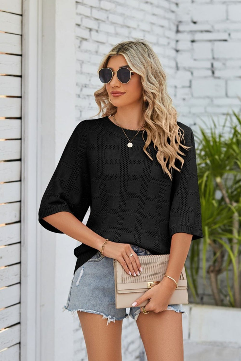Joyce Ribbed Trim Round Neck Knit Top
