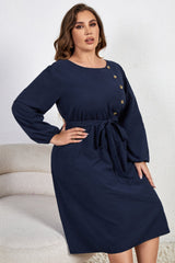 Angelica Plus Size Buttoned Tie Belt Round Neck Long Sleeve Dress