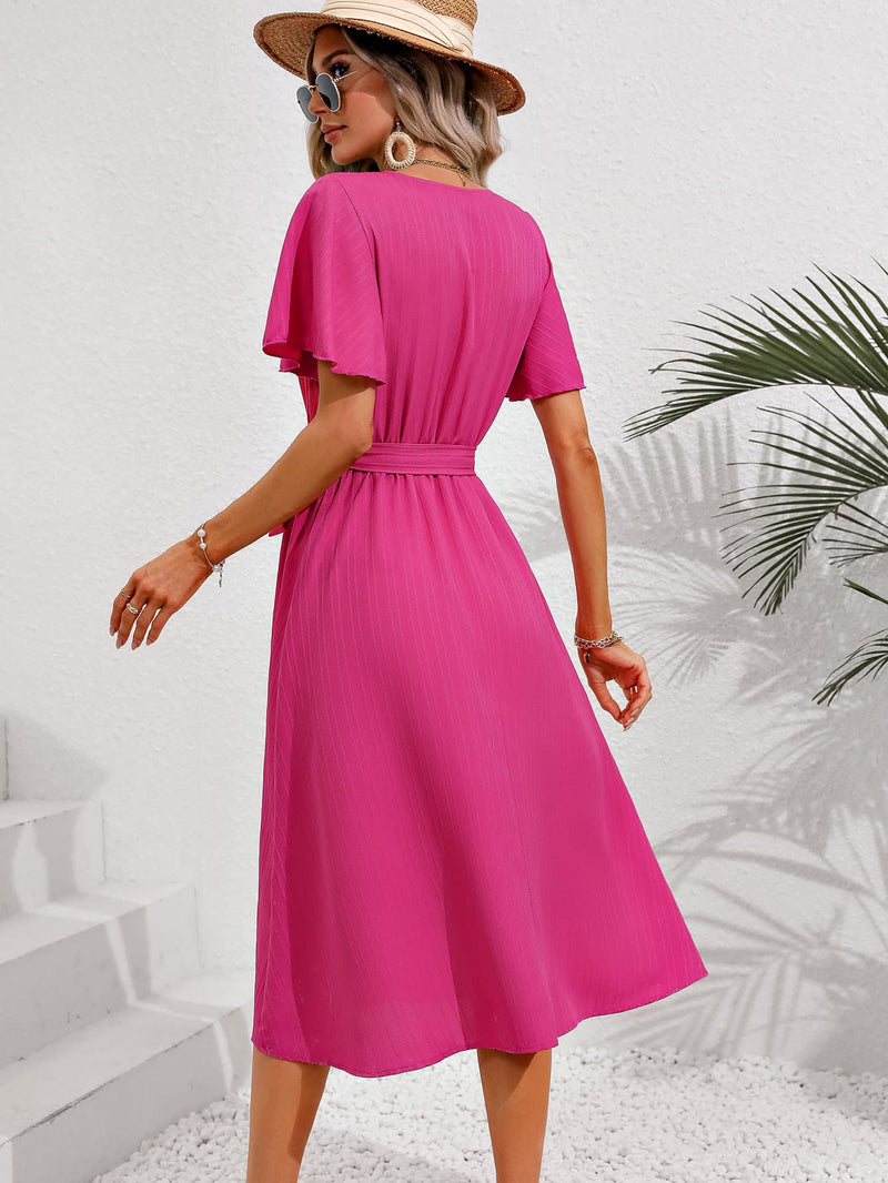 Kaliyah Surplice Neck Tie Belt Midi Dress