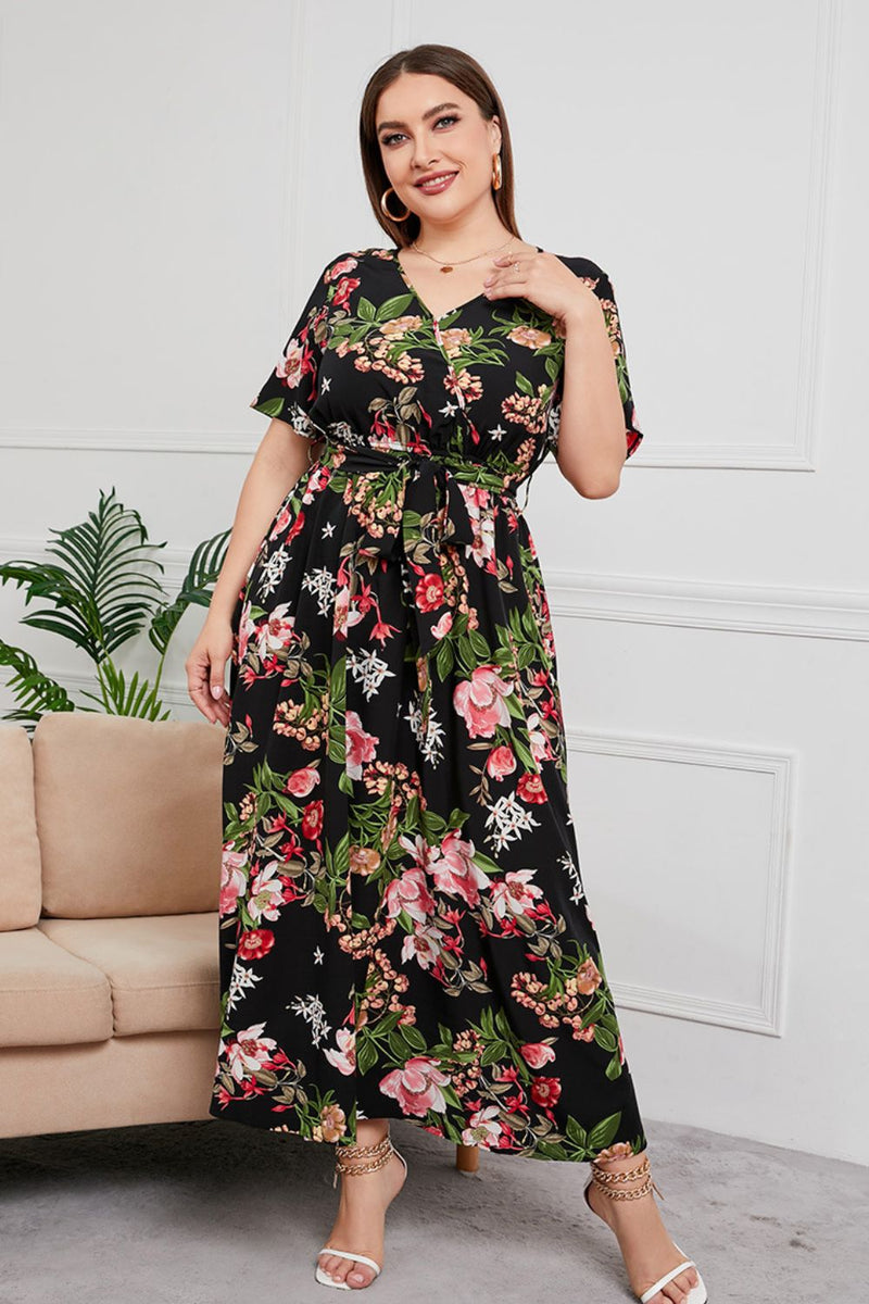 Gloria Plus Size Printed Surplice Short Sleeve Maxi Dress
