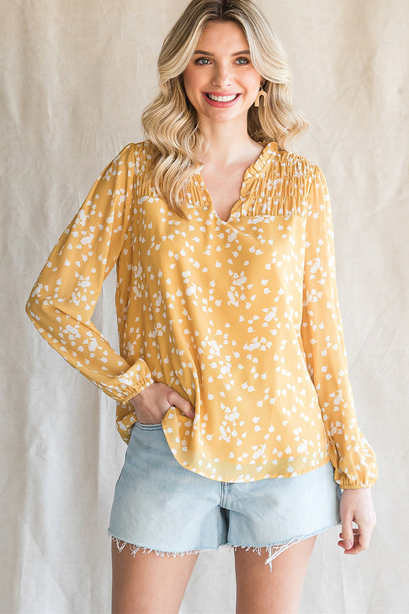 Frances Printed Notched Neck Smocked Blouse