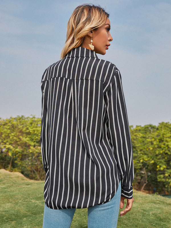 Paris Collared Neck Striped Long Sleeve Shirt