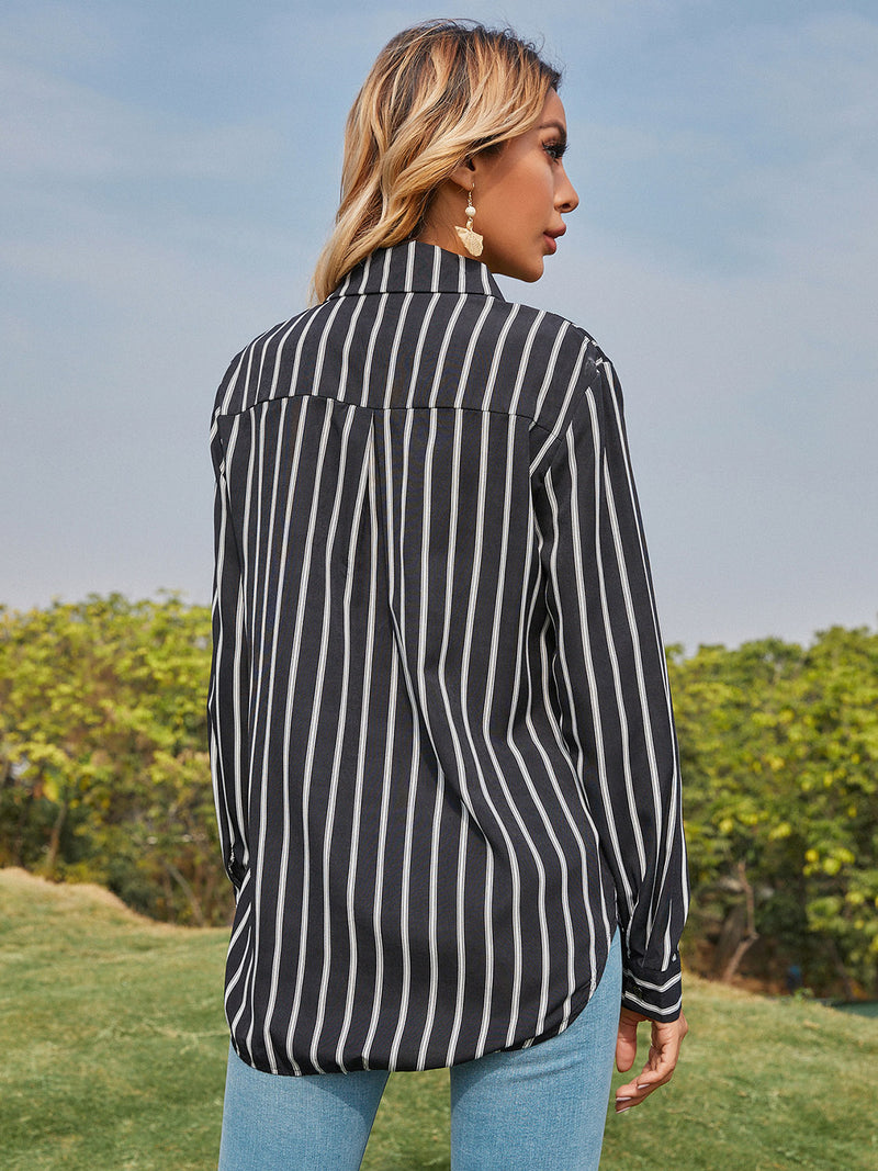 Paris Collared Neck Striped Long Sleeve Shirt