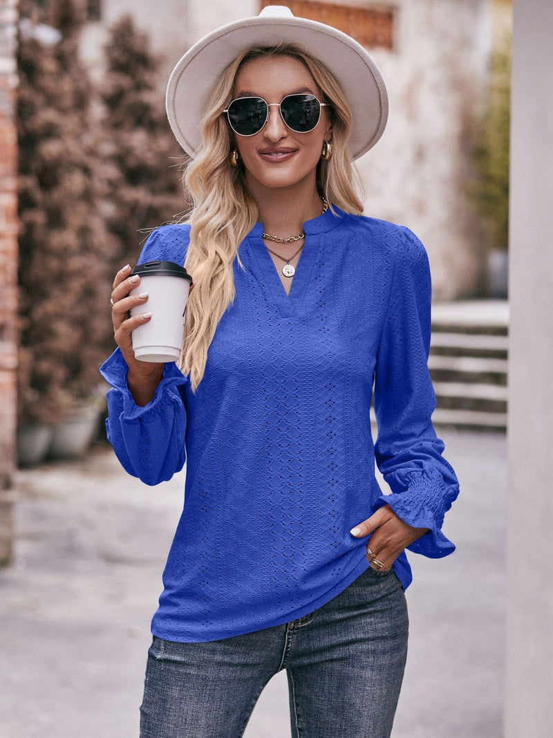 Sylvie Notched Neck Flounce Sleeve Blouse
