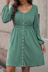 Darcy Plus Size Button Front Elastic Waist Long Sleeve Dress