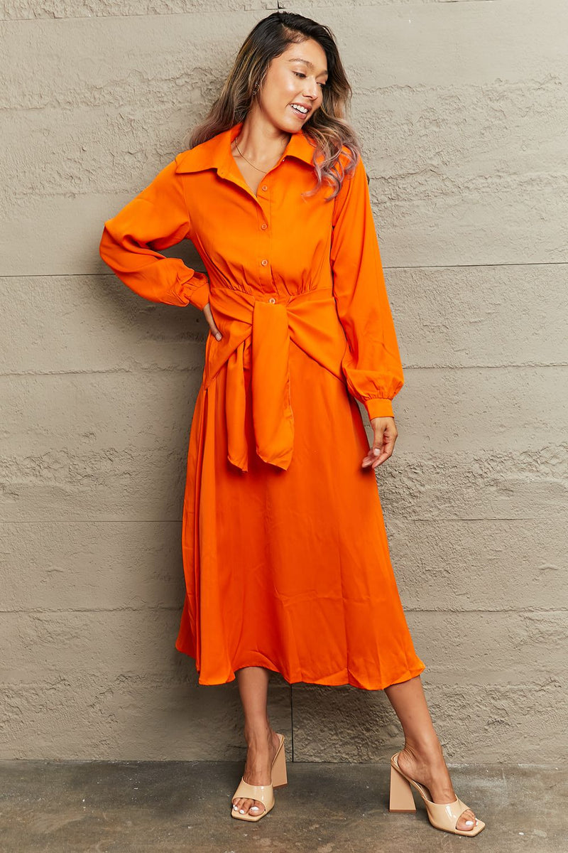 Opal Collared Neck Long Sleeve Twisted Midi Dress